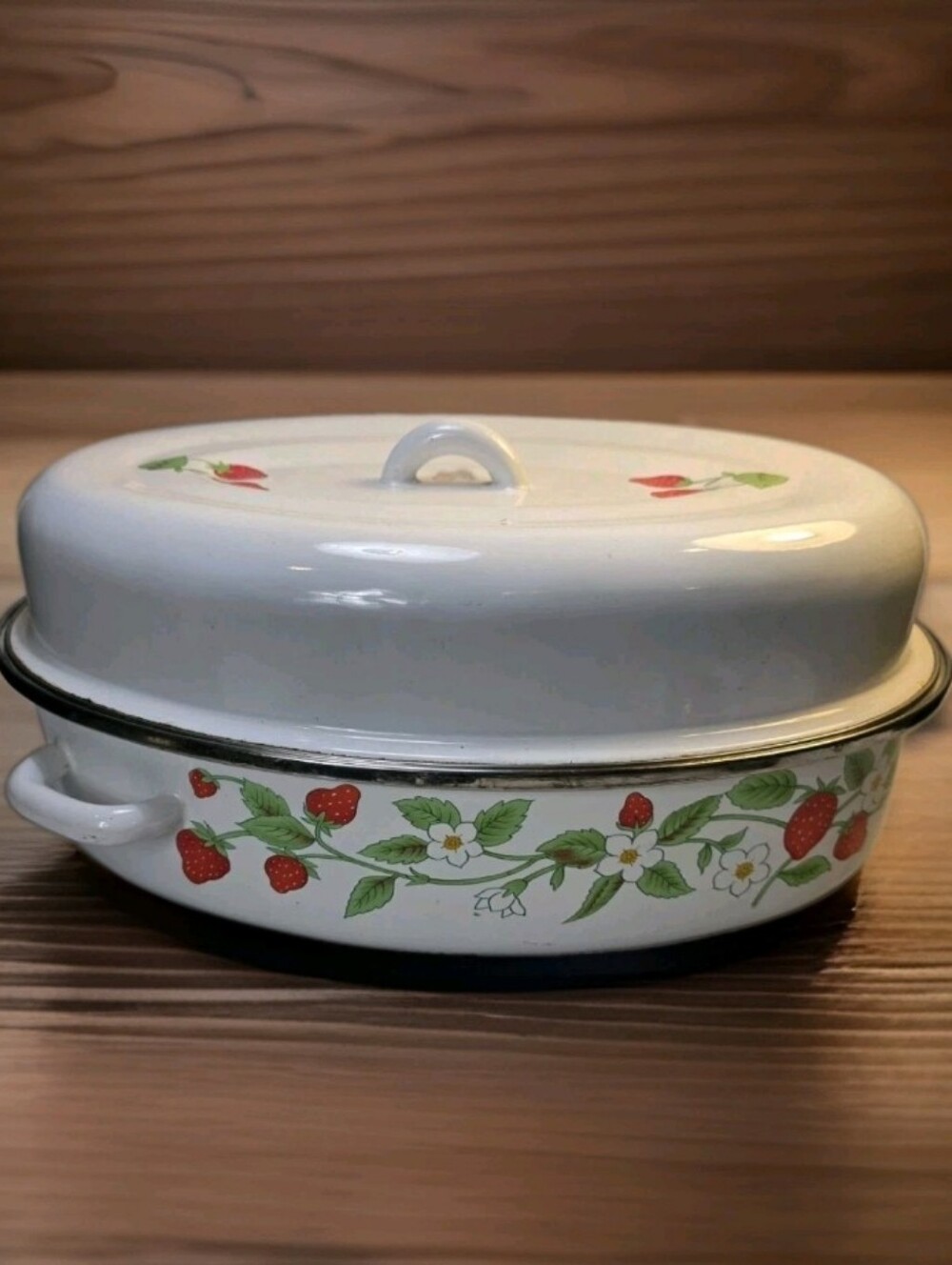 Vintage Sheffield Strawberries 'N Cream Enamelware 15" Roasting Pan Roaster Lid
